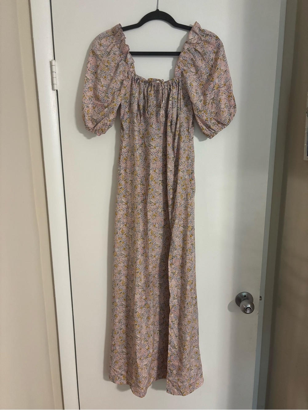 Suzanne Betro Pink and Yellow Floral Puff-Sleeve Maxi Dress